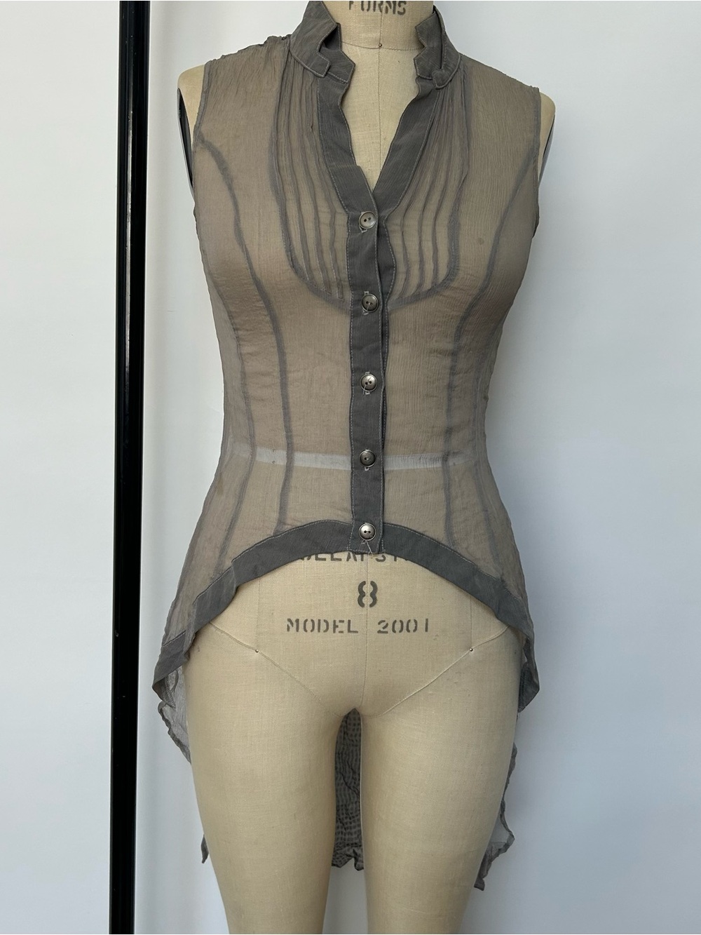 Sleeveless Sheer Pintuck Button-Front Blouse in Gray
